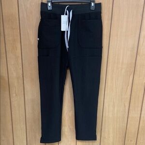 Black straight leg fig scrub pants